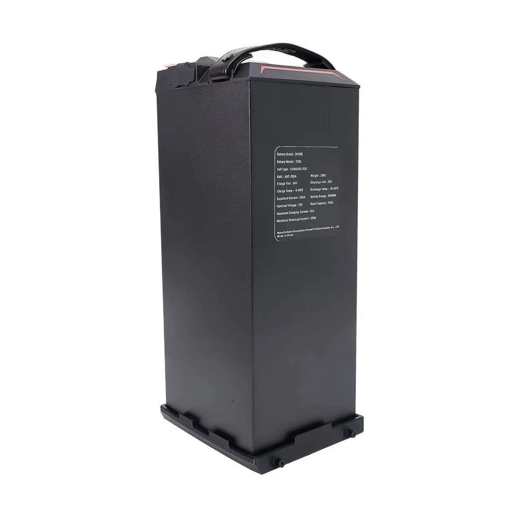 A tall, rectangular black battery with a top handle and a white specification label on the side, shown against a plain white background.