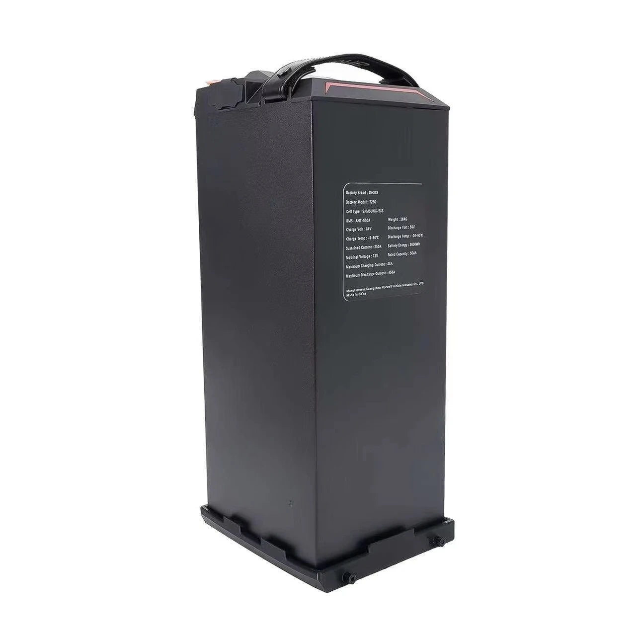 A tall, rectangular black battery with a top handle and a white specification label on the side, shown against a plain white background.