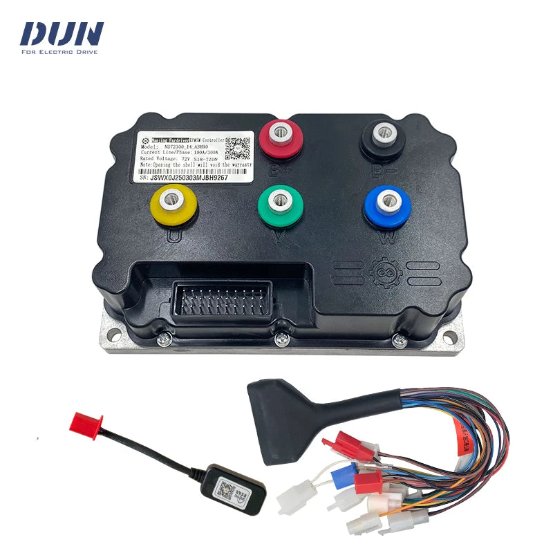 An electric drive control module with a black plastic casing, featuring four colored terminal buttons (red, green, blue, yellow) and a silver metal mounting plate. It is shown with its wiring harness, connector block, and a small black electronic sensor on a white background with a 'DUN' brand logo in the top left corner.