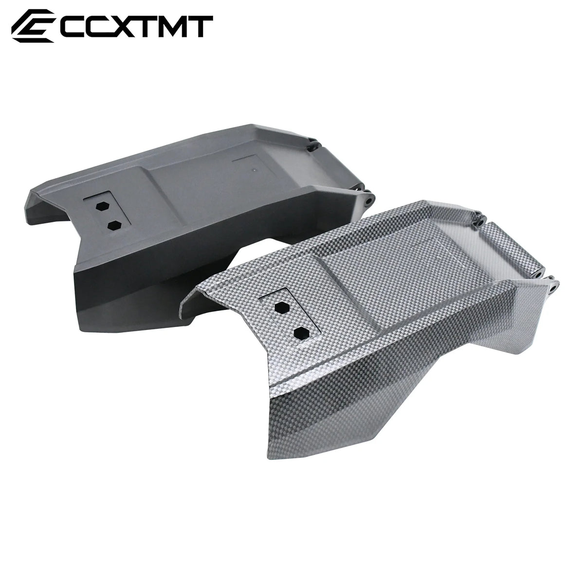 Two gray protective plastic guards with a carbon fiber pattern, shown on a white background with the brand logo ECCXMT in the top left corner.