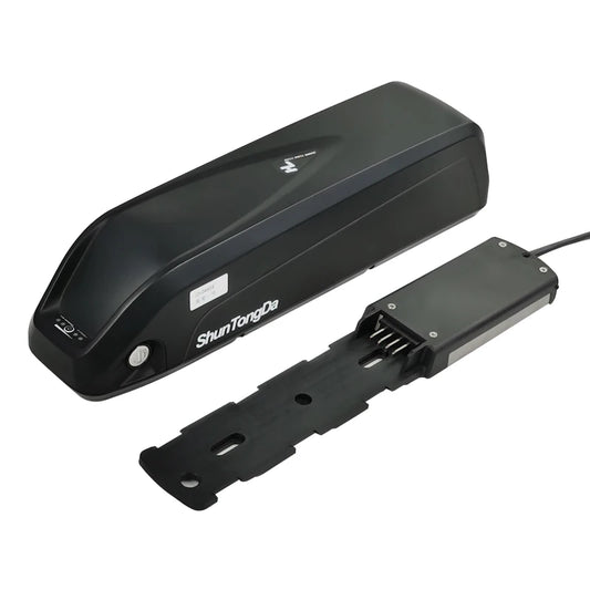 A black ShunTongDa electric bicycle battery pack shown alongside its mounting bracket and cable on a clean white background.