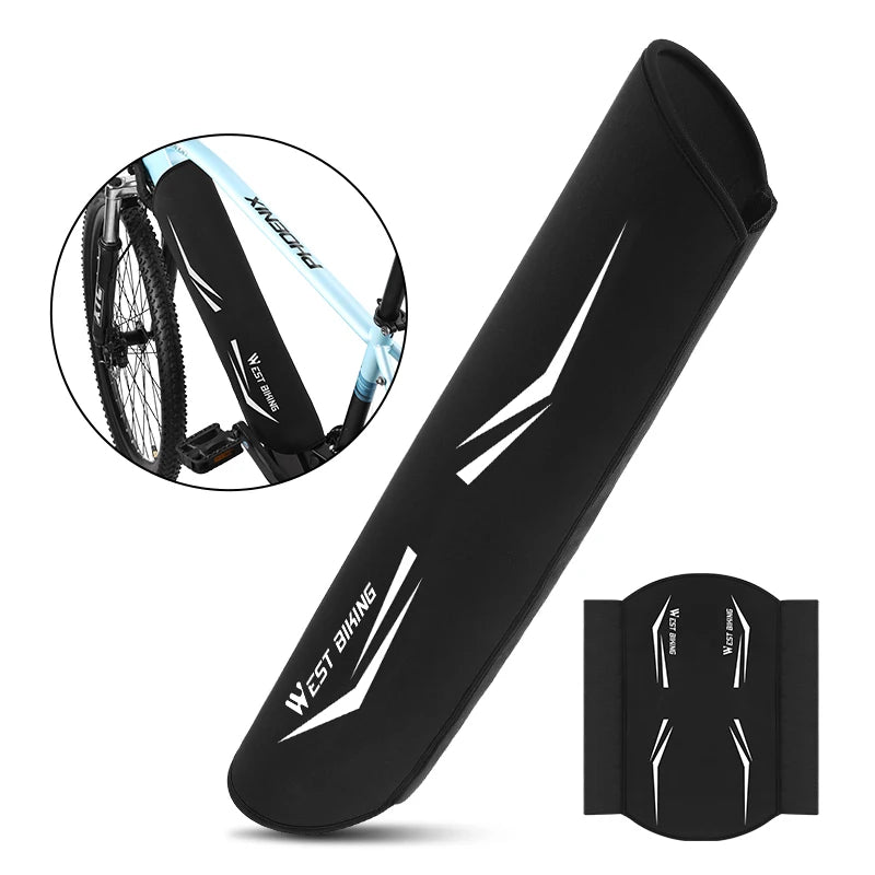 Black bicycle frame guard sleeve with white graphic accents, shown on a white background with a circular inset demonstrating use on a bicycle frame and a small front view of the sleeve.