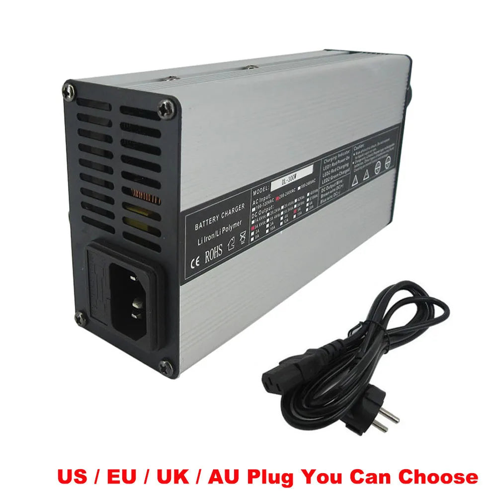 A silver and black battery charger power supply with a black power cord, shown on a white background with red text at the bottom stating 'US / EU / UK / AU Plug You Can Choose'.