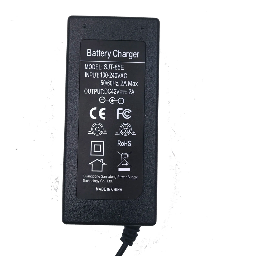Black battery charger with certification logos on a white background