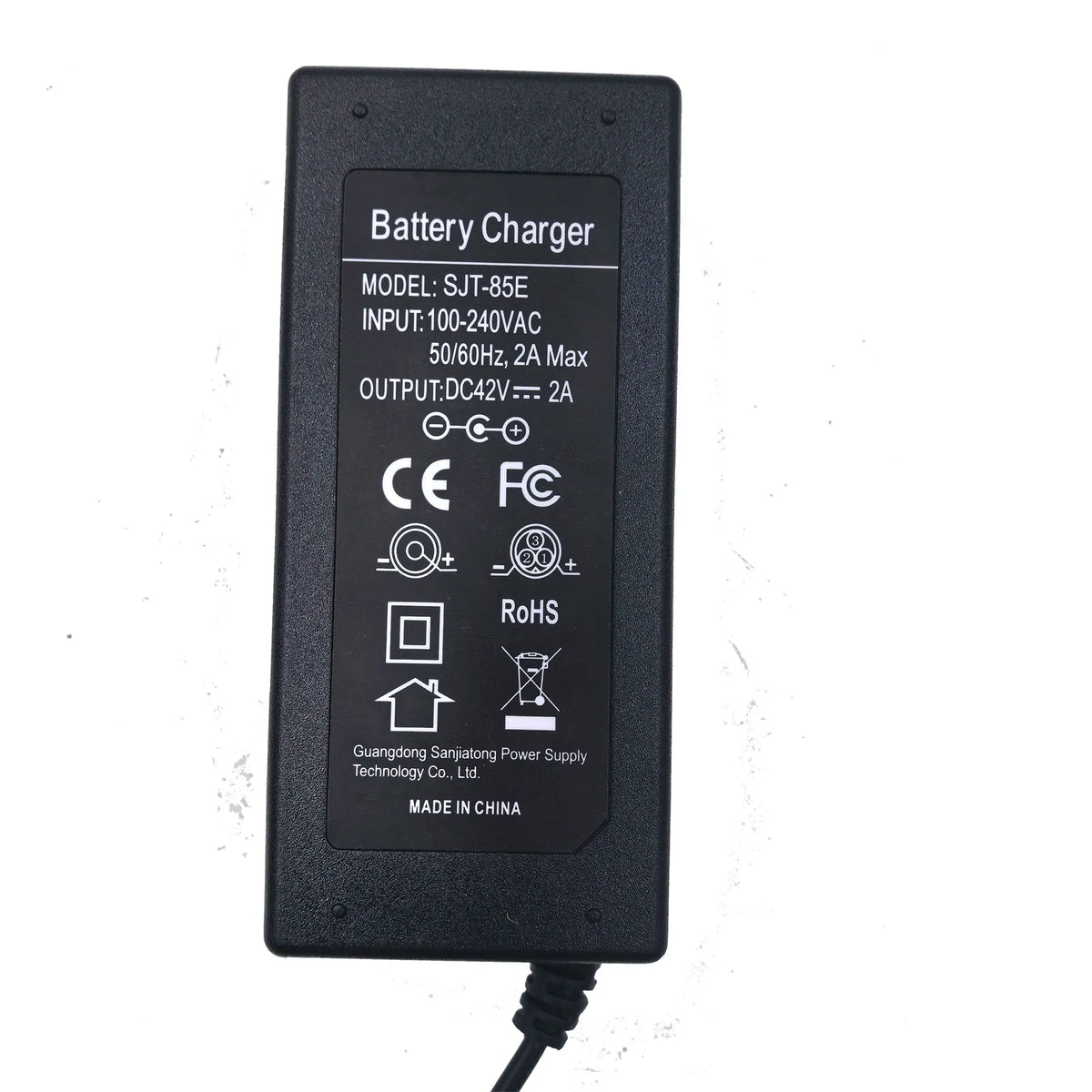 Black battery charger with certification logos on a white background