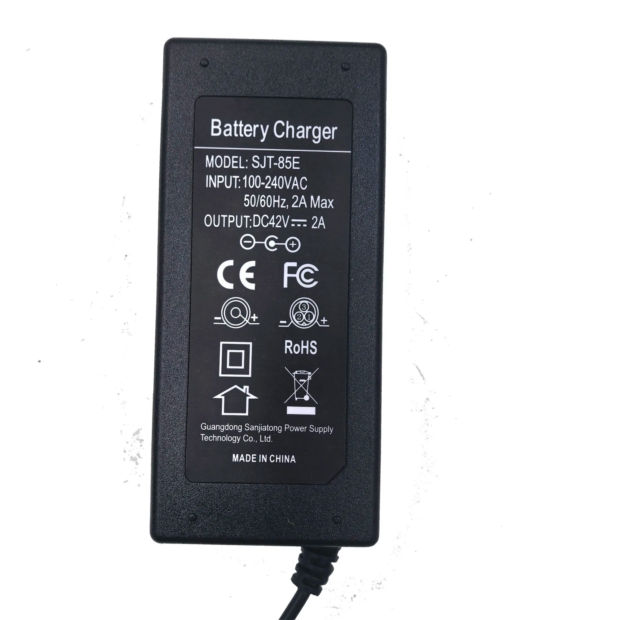Black battery charger with certification logos on a white background