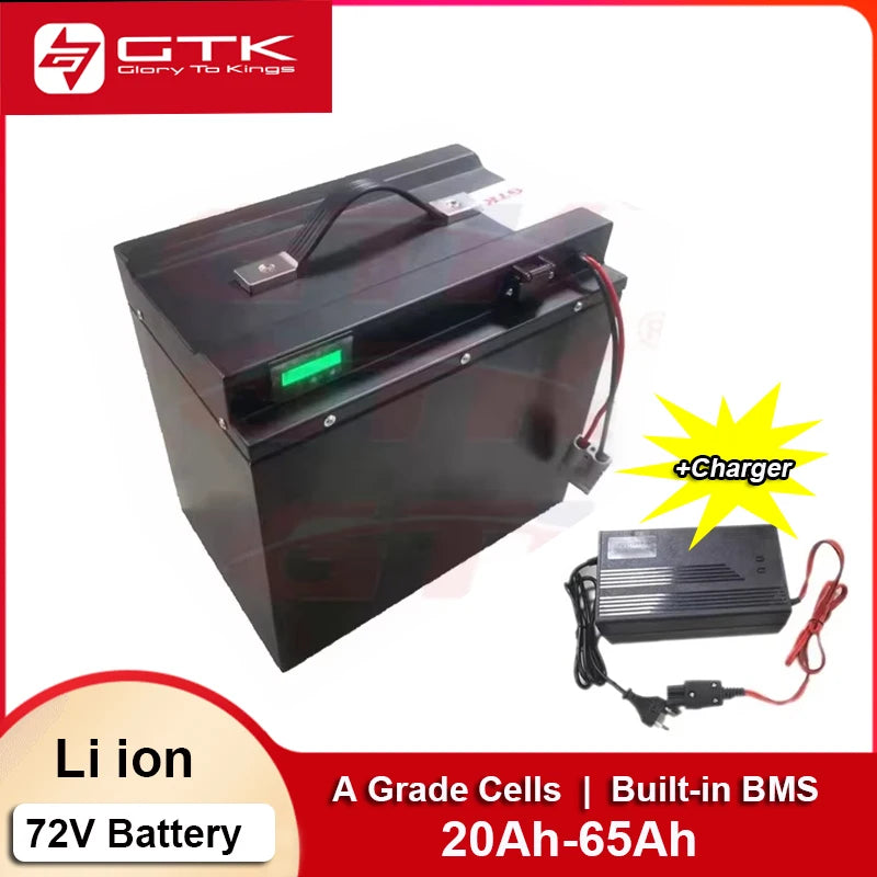 A 72V Li-ion battery shown with its charger on a white background with promotional text and the GTK brand logo. The battery is black with a small green display window, and the charger is also black with red and black cables.