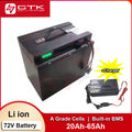 A 72V Li-ion battery shown with its charger on a white background with promotional text and the GTK brand logo. The battery is black with a small green display window, and the charger is also black with red and black cables.
