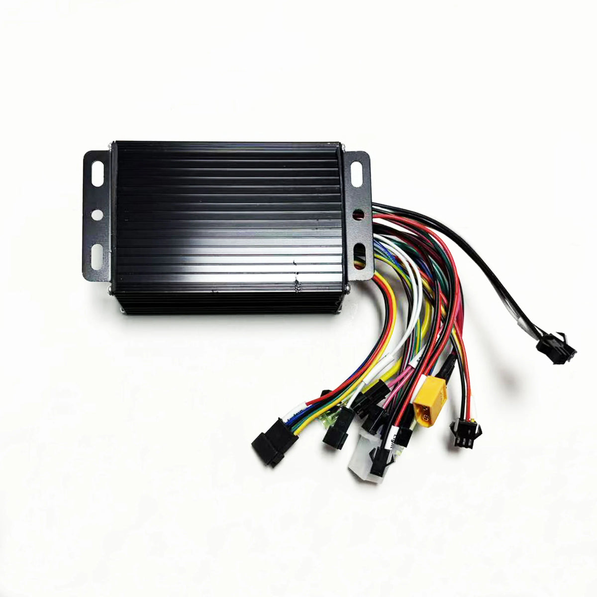A black rectangular electronic control module with a ribbed metal surface and multiple multicolored wires with connectors, photographed on a plain white background.