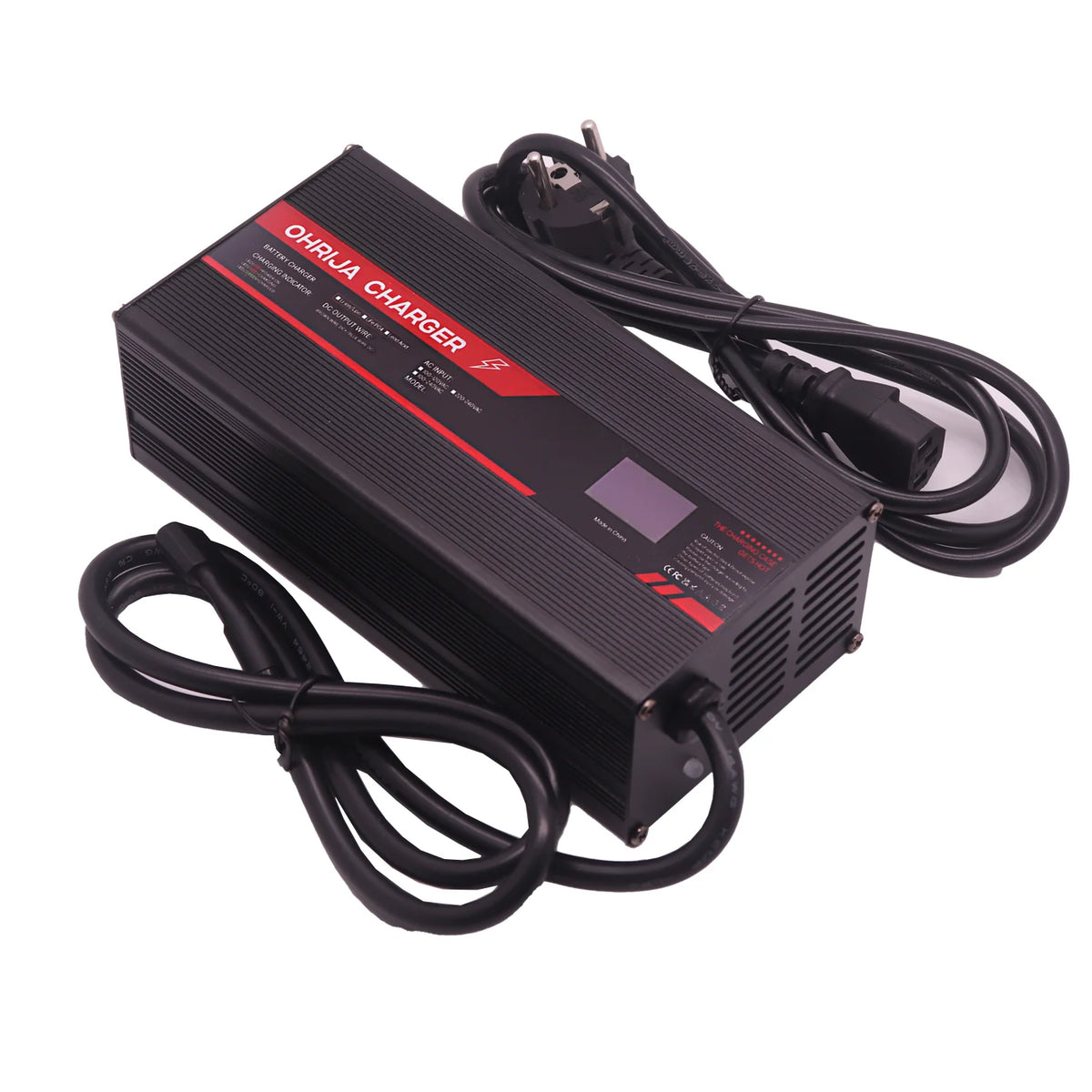 Black battery charger with red accents on a white background