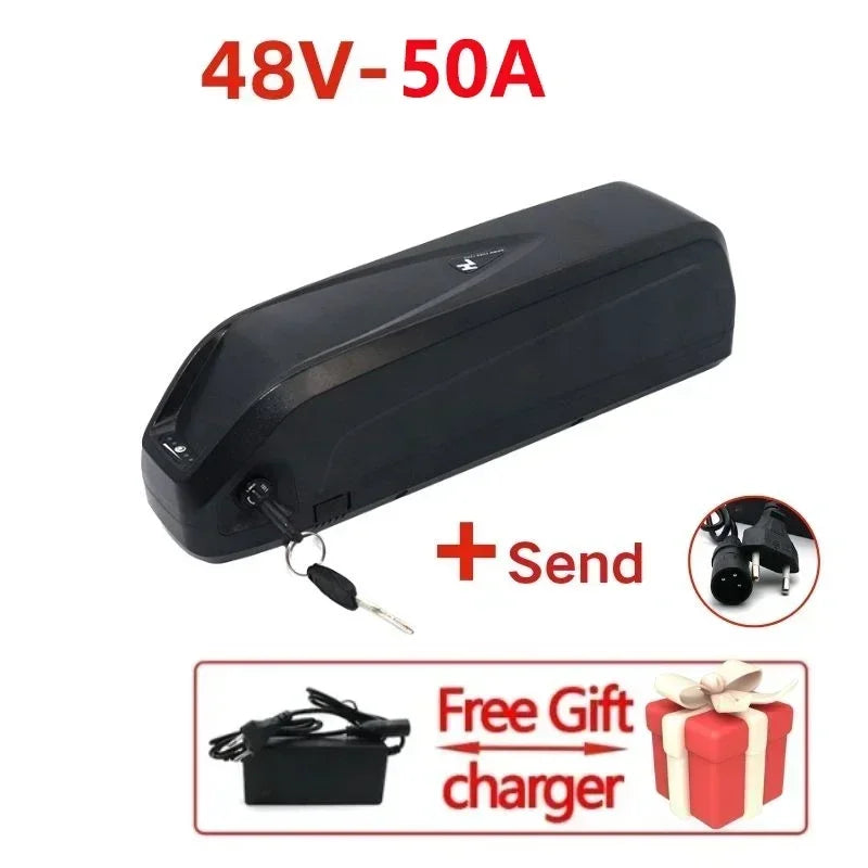 A black 48V-50A electric bicycle battery shown on a white background with red text, plus a small inset showing a charger and a gift box labeled 'Free Gift charger'.