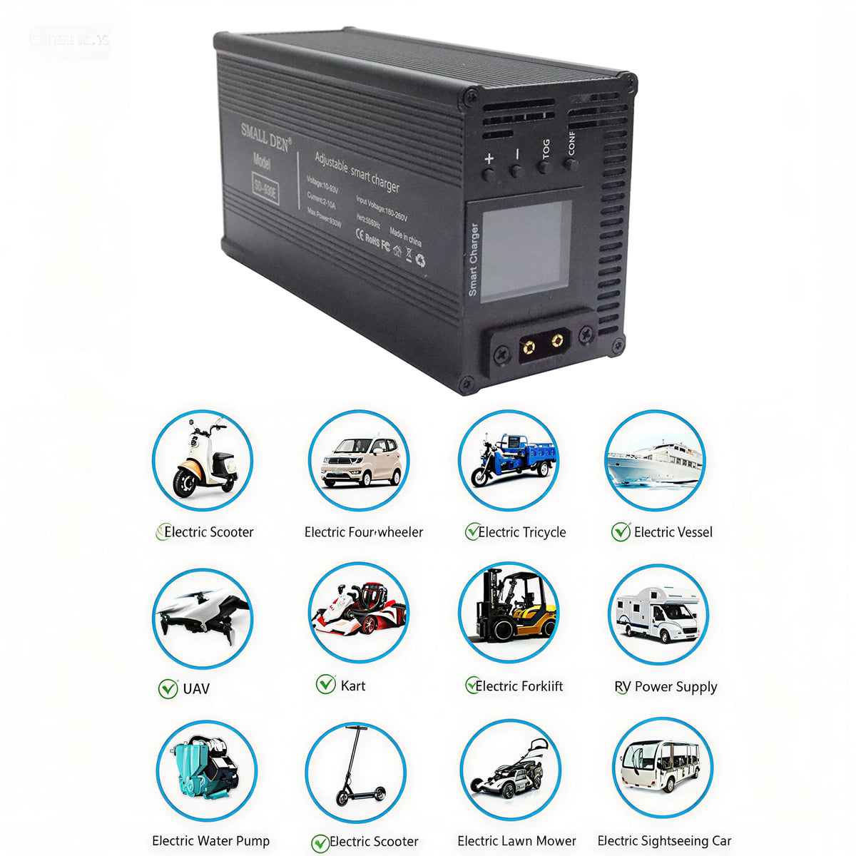 A black marine smart charger battery unit with a small LCD screen on its side, shown above a grid of circular icons illustrating various applications such as electric scooters, tricycles, boats, RVs, and lawn mowers.