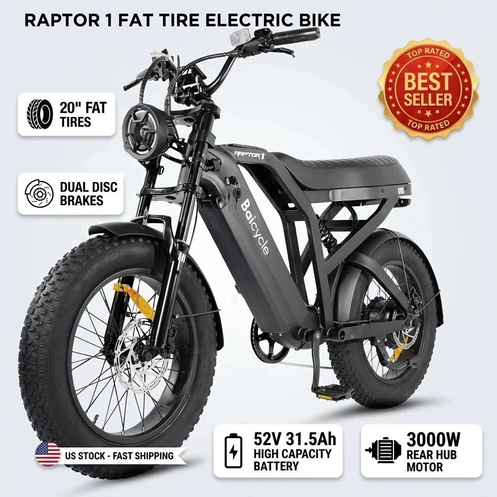 A matte black Balmycycle Raptor 1 fat tire electric bike shown on a light gray background with feature callouts, including 20" fat tires, dual disc brakes, 52V 31.5Ah high capacity battery, and 3000W rear hub motor.