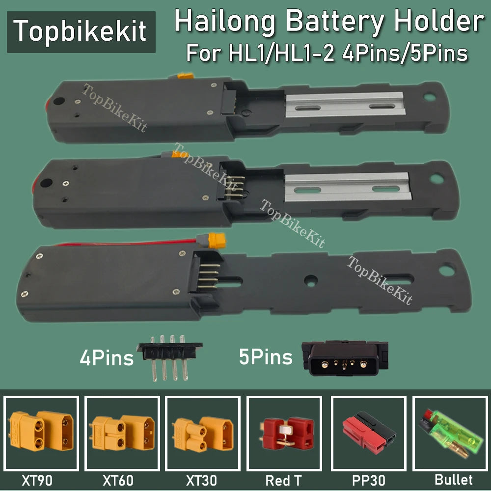 Three black Hailong battery holders for HL1/HL2 4-pin and 5-pin connectors, shown on a green background with connector options and Topbikekit branding.