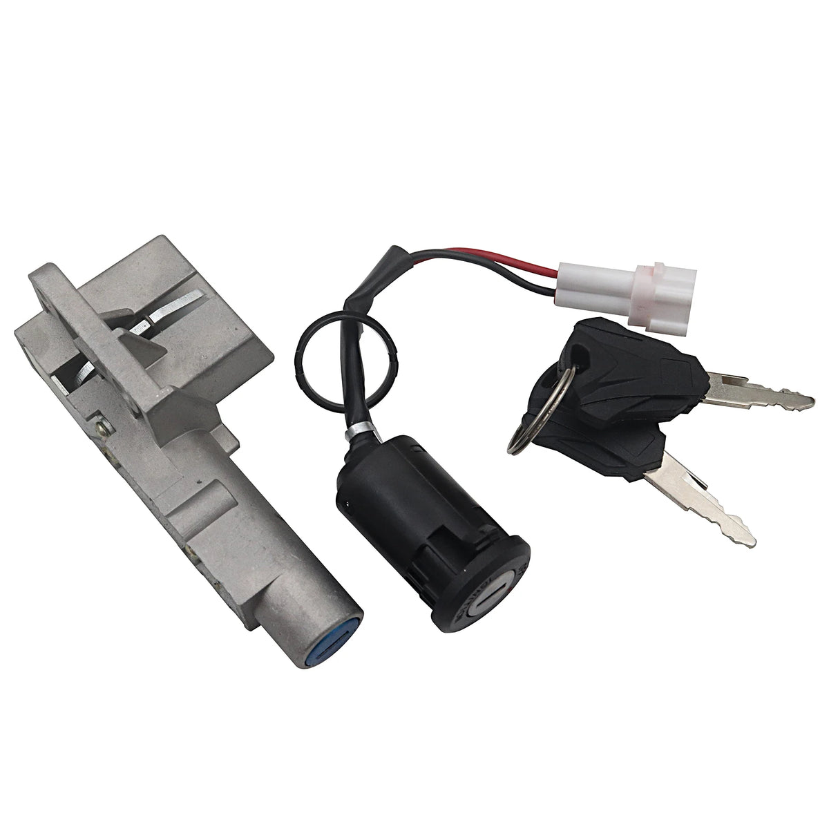 A motorcycle or scooter ignition lock cylinder assembly with a black socket, attached wire harness, and two keys on a white background.