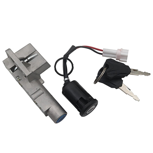 A motorcycle or scooter ignition lock cylinder assembly with a black socket, attached wire harness, and two keys on a white background.