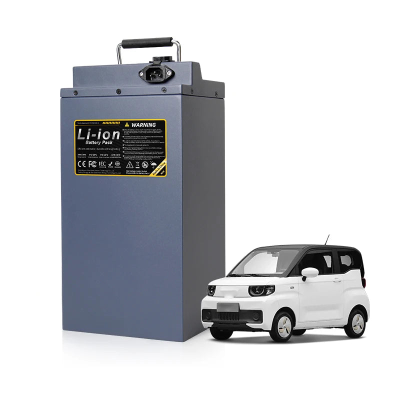 Li-ion battery pack next to a small white car on a white background
