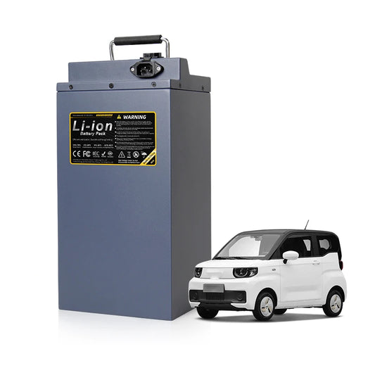 Li-ion battery pack next to a small white car on a white background