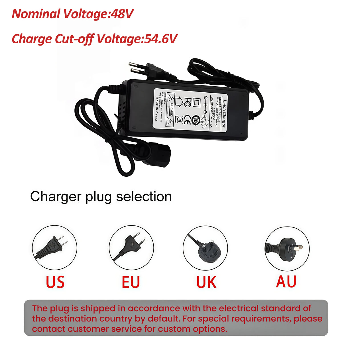 Black AC adapter power supply with attached power cord, shown on a white background with red text reading 'Nominal Voltage:48V' and 'Charge Cut-off Voltage:54.6V', plus plug selection icons for US, EU, UK, and AU.