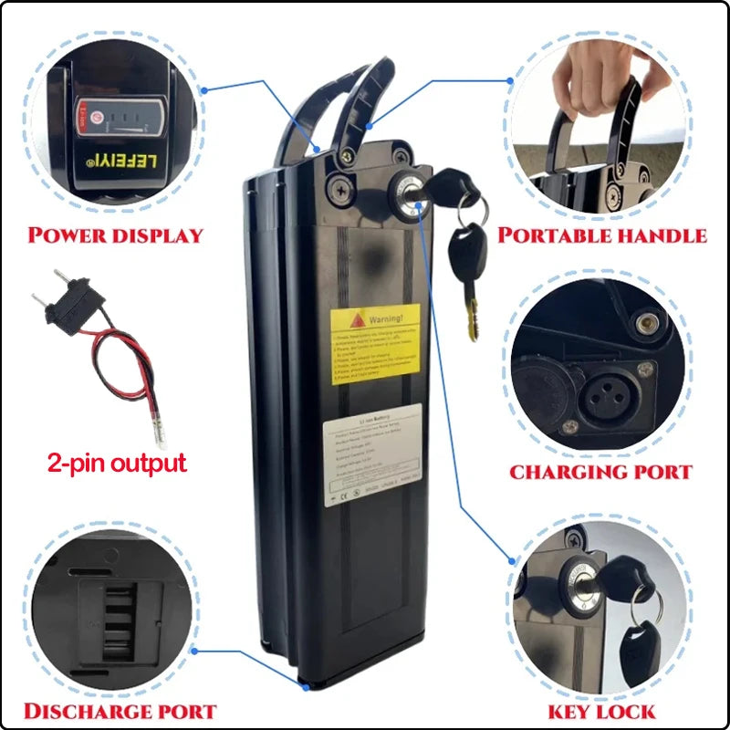 A black portable electric battery pack with a handle and key lock, shown on a white background with callout circles and labels pointing to its features: power display, portable handle, 2-pin output, charging port, discharge port, and key lock.