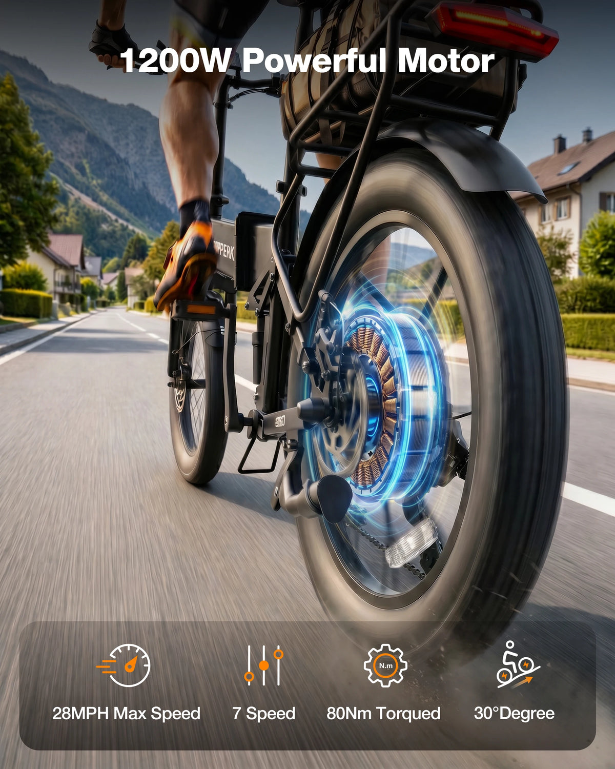Rear view of an electric bicycle being ridden on a road with a mountain backdrop, featuring a highlighted rear wheel motor area and overlaid marketing text reading '1200W Powerful Motor' plus feature icons at the bottom.