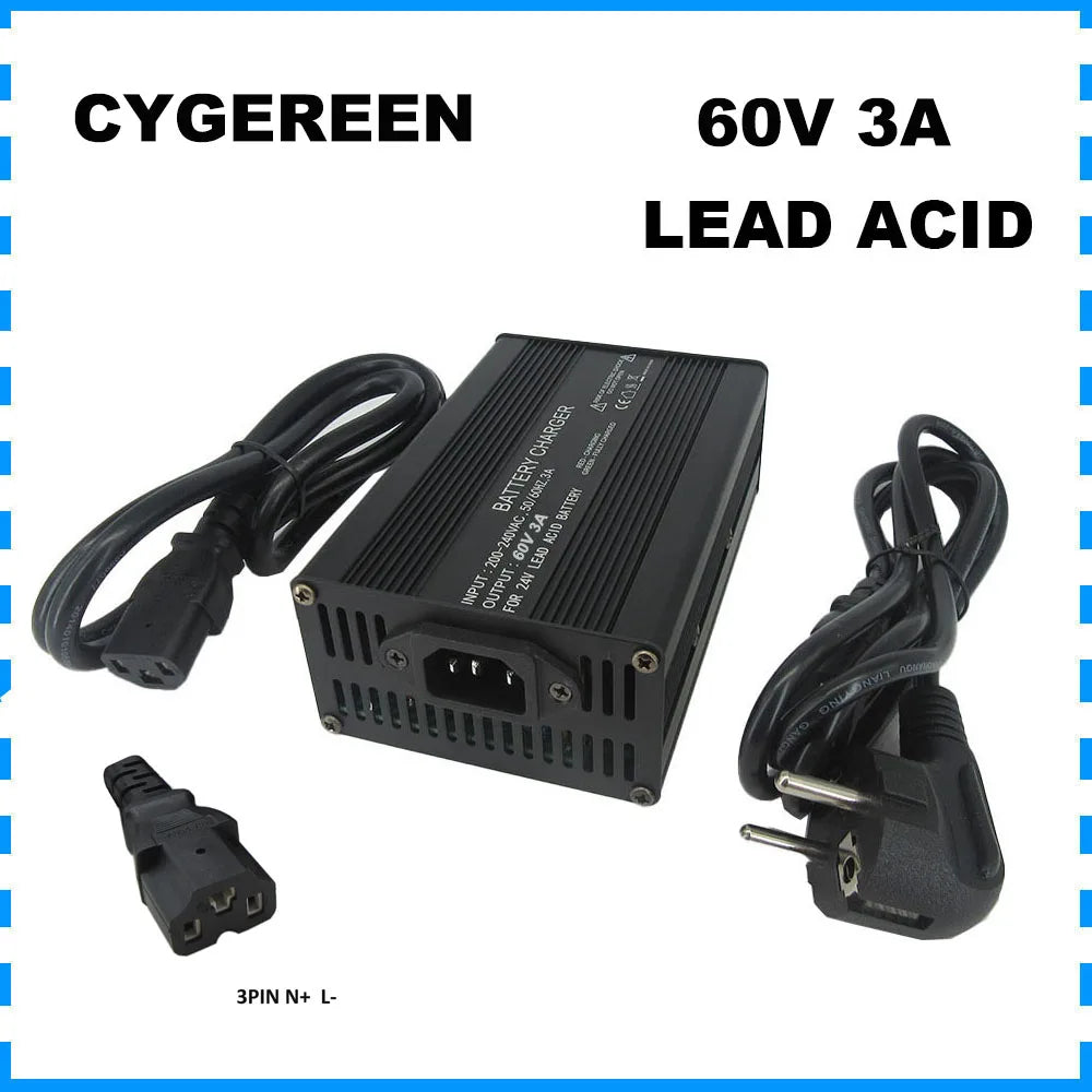A black CYGEREEN 60V 3A lead acid battery charger shown with its power cables and connectors on a white background with blue border lines and text overlays.