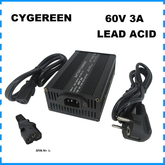 A black CYGEREEN 60V 3A lead acid battery charger shown with its power cables and connectors on a white background with blue border lines and text overlays.
