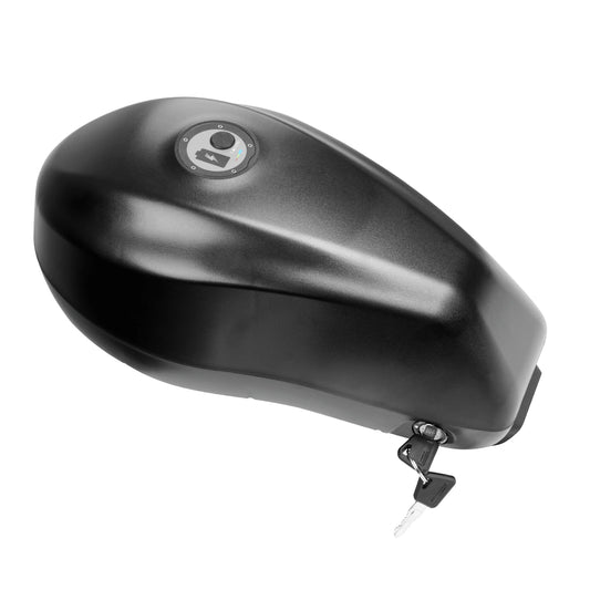 Black motorcycle fuel tank with a brand logo on a white background