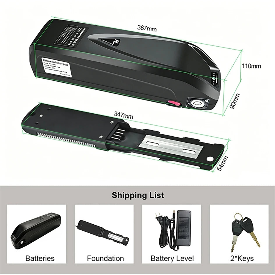 Black rectangular handheld device shown from top and side views with green dimension lines and a shipping list below showing batteries, foundation, battery level, and 2 keys.
