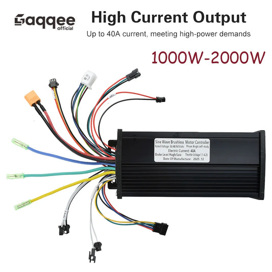 A black rectangular brushless motor controller with multicolored wires and connectors, shown on a white background with promotional text reading 'High Current Output' and '1000W-2000W'. The Gaqgee logo is visible in the top left.