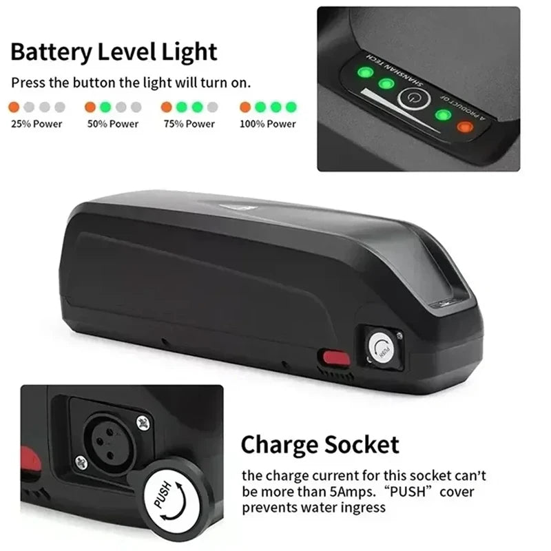 Black battery charger or power bank with a built-in battery level light indicator and a charging socket, shown with explanatory text and close-up inset views on a white background.
