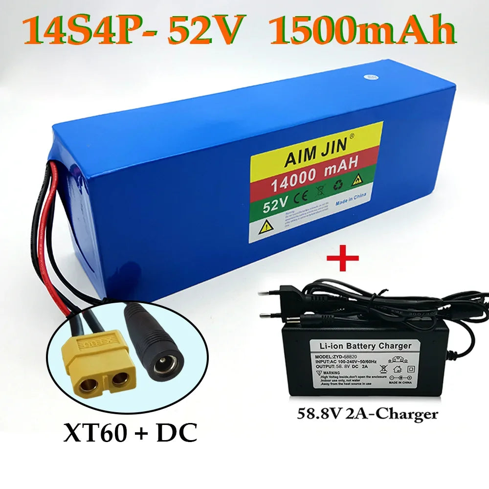 A blue 14S4P 1500mAh lithium-ion battery pack with red and black wires, shown alongside a black 58.8V 2A battery charger and a circular inset showing a XT60 + DC connector.
