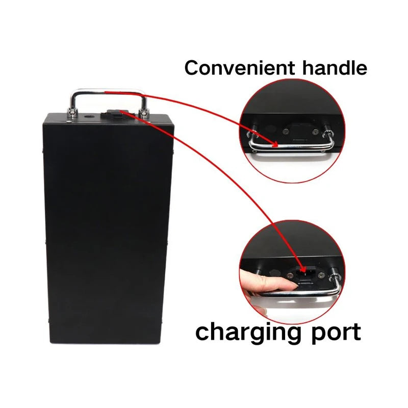 A tall black rectangular battery with a top handle, shown on a white background with two callout circles and text reading 'Convenient handle' and 'charging port,' plus red arrows pointing to features.
