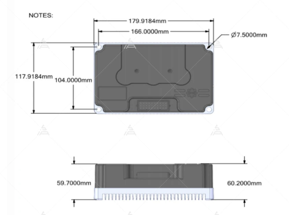 Technical dimension drawing of a rectangular gray electronic component or module, showing front and side views with measurements in millimeters on a white background.