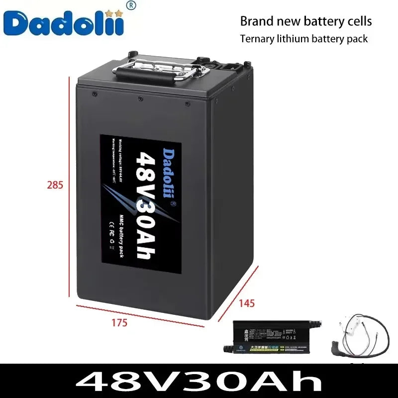 A Dadolii 48V30Ah ternary lithium battery pack shown on a white background with red dimension lines indicating 285, 175, and 145. A smaller inset at the bottom right shows the battery terminals and cable.