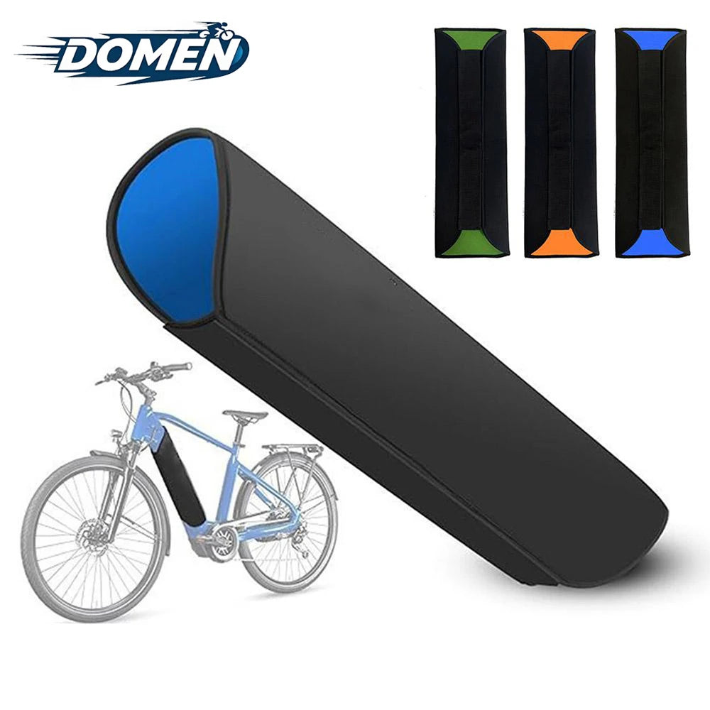 A black bicycle handlebar cover with a blue interior lining, shown alongside a light blue electric bicycle. Three smaller color variants are displayed in the top right, and the DOMEN brand logo is in the top left.