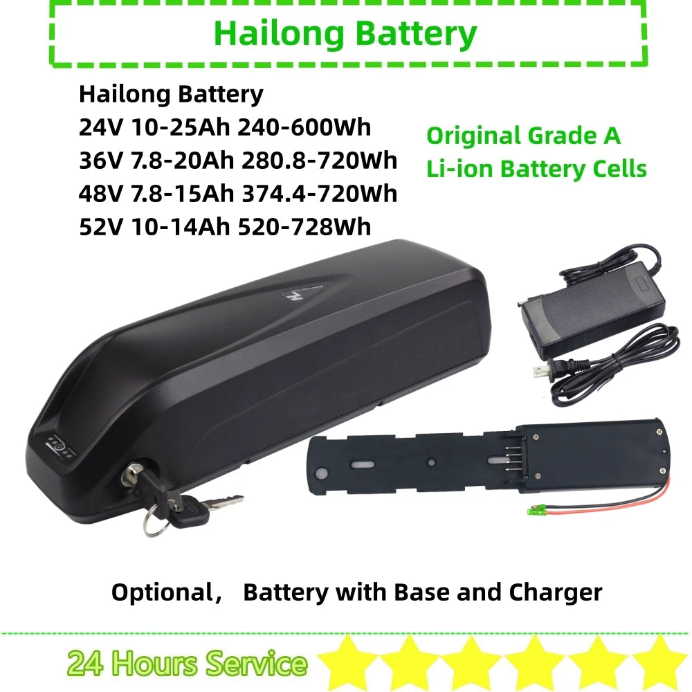 Hailong brand lithium-ion battery pack set shown on a white background with text specifications, including 24V, 36V, and 52V options, plus an included charger and base accessory.