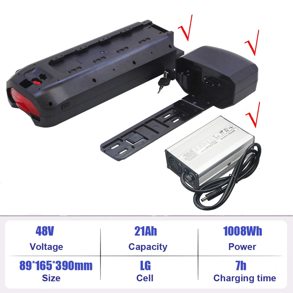 A battery charger kit shown on a white background, including a black battery terminal block with red accent, a black adapter/plate, a silver power supply with black cable, and a blue specification table at the bottom listing 48V, 21Ah, 1008Wh, 89*165*390mm size, LG cell, and 7h charging time.
