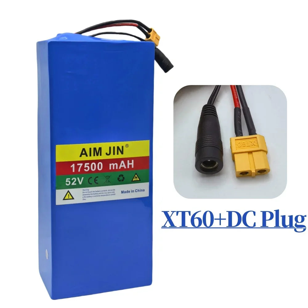 Blue AIM JIN 17500 mAh 52V lithium-ion battery pack with a yellow, red, and white label, shown alongside an inset image of XT60 and DC plugs and blue text reading 'XT60+DC Plug'.