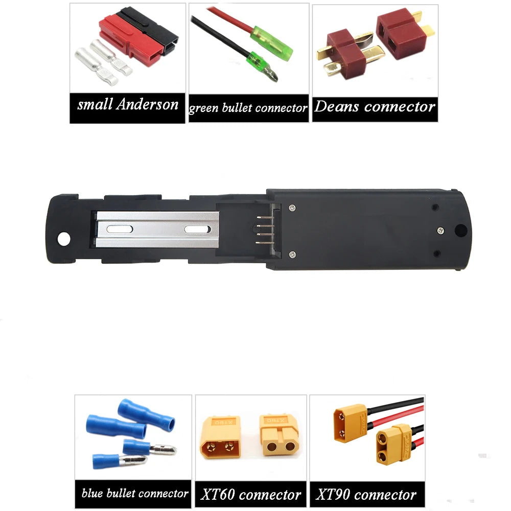 A black plastic multi-connector adapter shown on a white background, with inset images of various connector types labeled small Anderson, green bullet connector, Deans connector, blue bullet connector, XT60 connector, and XT90 connector.