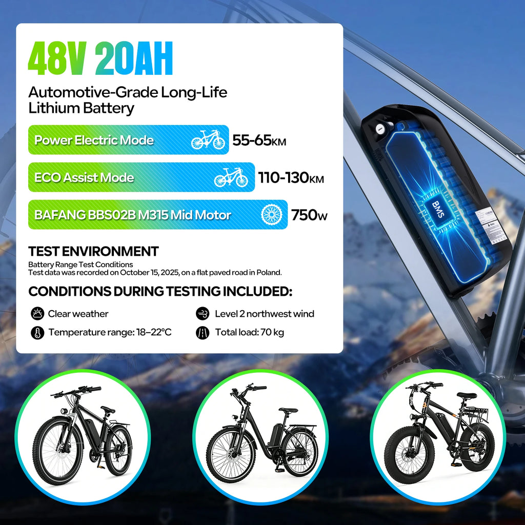 Electric bike with battery display and specifications on a blurred background
