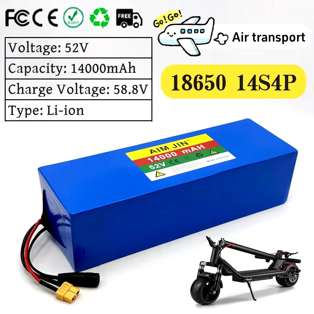 Blue 18650 14S4P Li-ion battery pack for electric scooters, shown with its connector cable and a small black electric scooter on a white background. The image includes specifications (52V, 14000mAh, 58.