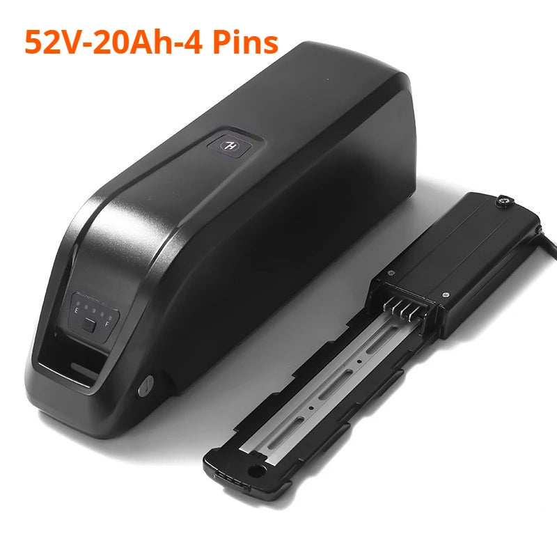 A black 48V-10Ah 4-pin electric bike battery shown alongside its internal battery tray compartment on a white background, with red text overlay reading '48V-10Ah-4 Pins' in the top left corner.