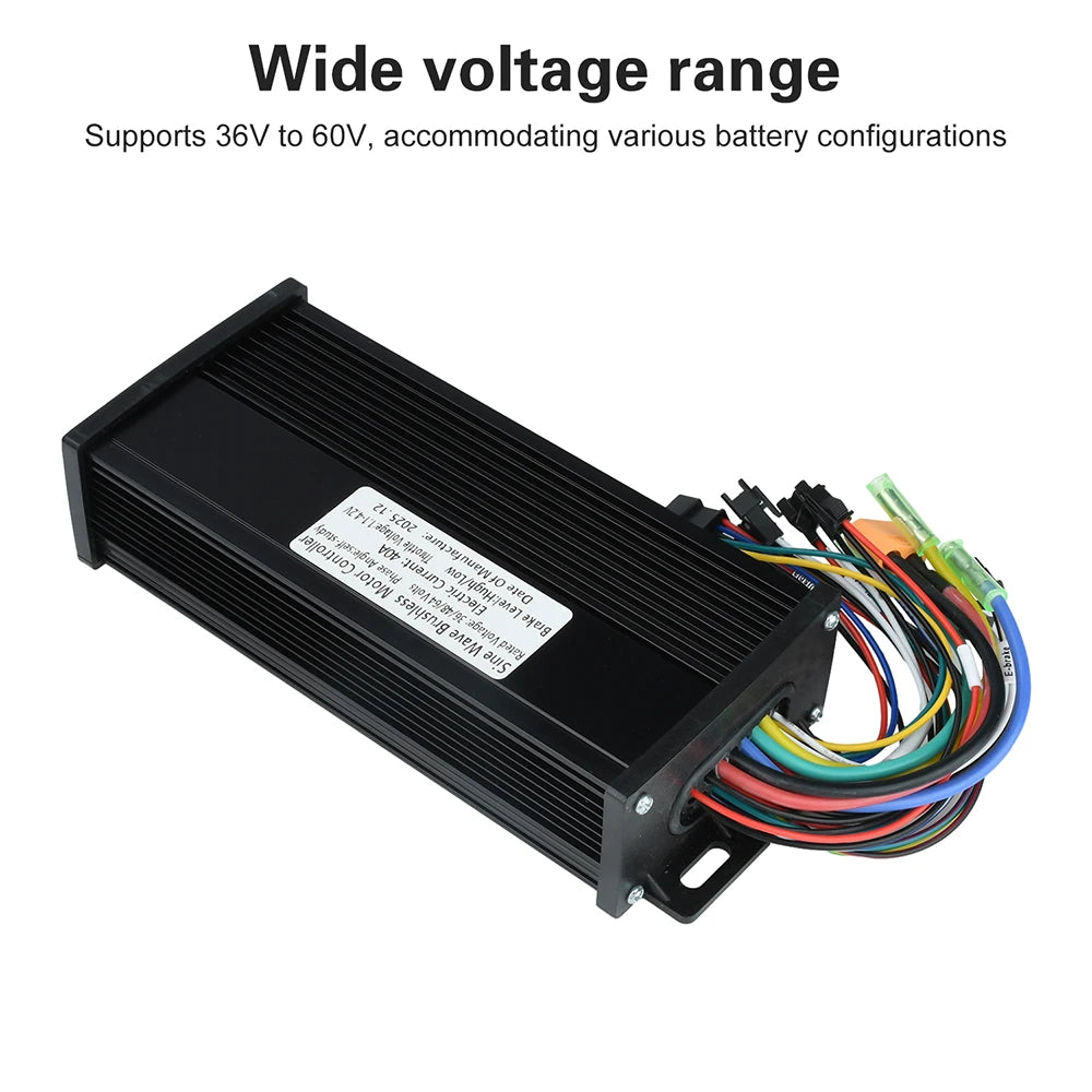 A black rectangular electronic controller or inverter with ribbed metal sides, a white specification label, and multicolored wiring coming out on the right. Text at the top reads 'Wide voltage range' and 'Supports 36V to 60V, accommodating various battery configurations.