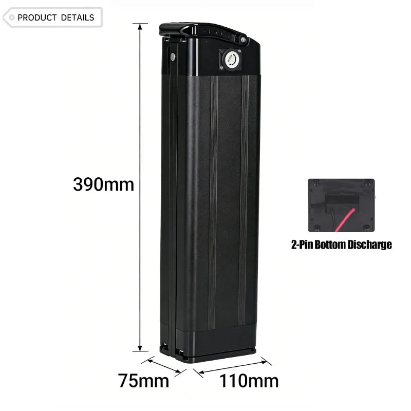 Black rectangular rechargeable battery pack with dimension annotations showing 390mm height, 75mm width, and 110mm depth, plus a small inset showing a 2-pin bottom discharge terminal.