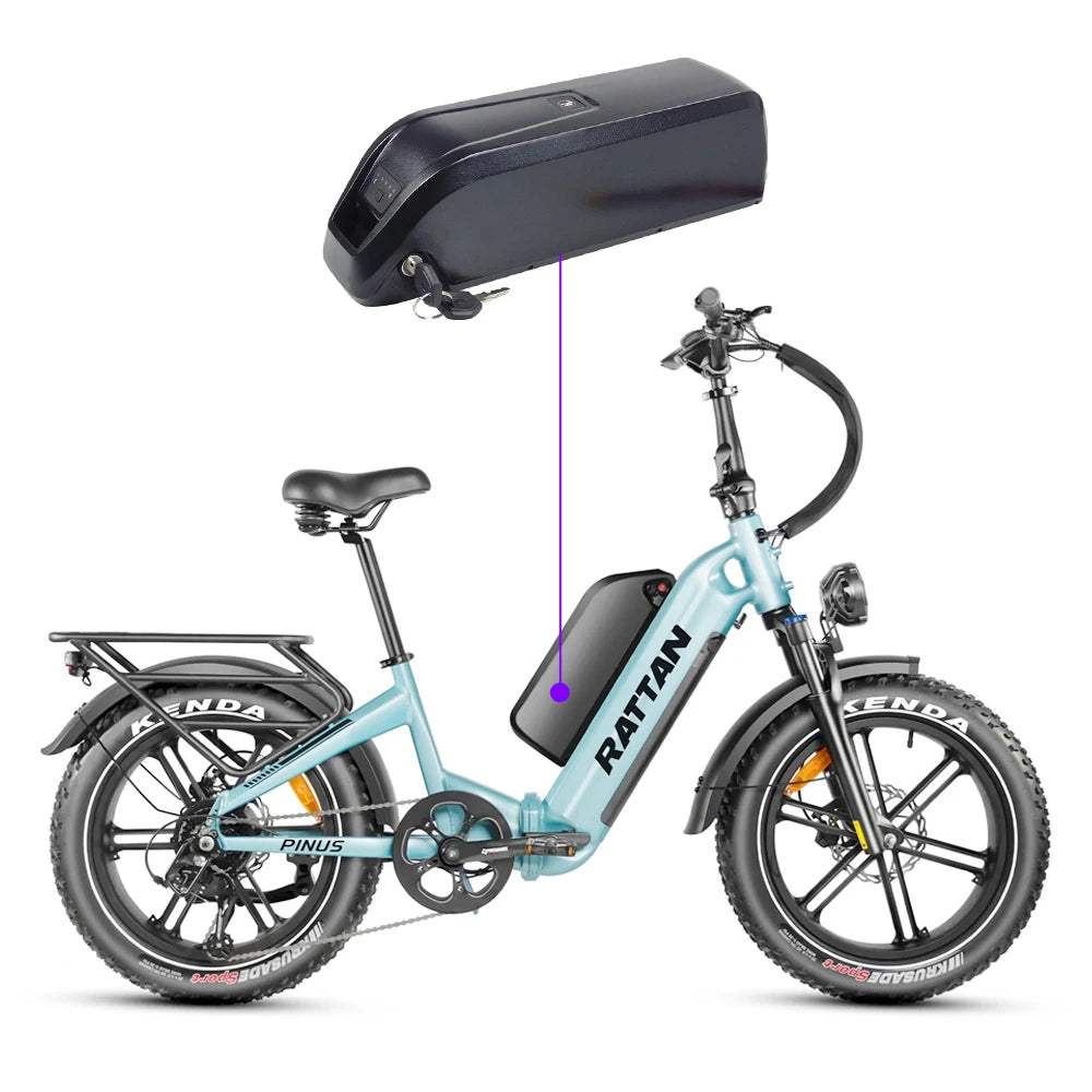 Light blue electric bike with black battery pack on a white background