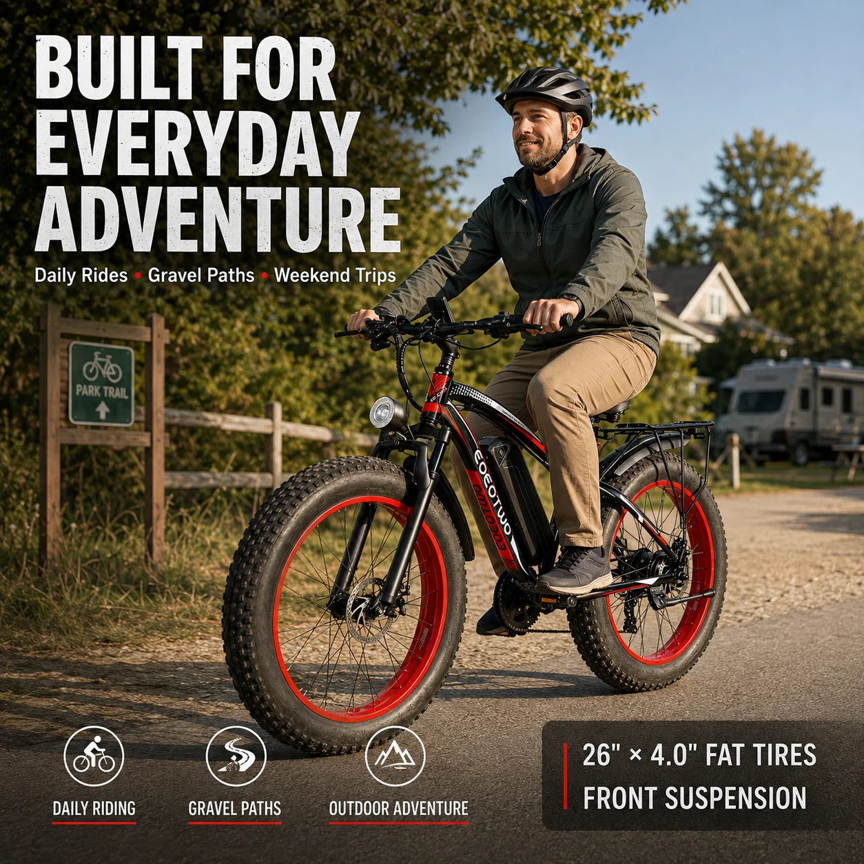 A man riding an electric fat-tire bicycle on a paved path outdoors, with large promotional text reading 'BUILT FOR EVERYDAY ADVENTURE' and feature callouts about 26 x 4.0 inch tires, front suspension, and use for daily riding, gravel paths, and weekend trips.