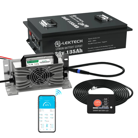 Lektech 36V 135Ah lithium battery system kit including a black battery pack, a cooling fan, black cables, a smart battery management controller, and a smartphone app screen shown on a white background.