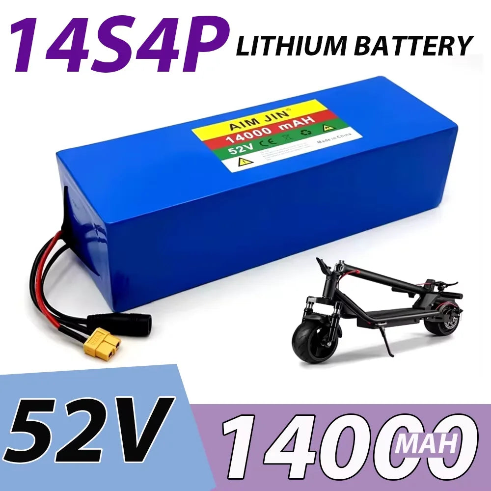 A 14S4P 52V 14000mAh lithium battery shown next to a small black electric scooter on a white background with promotional text overlays.