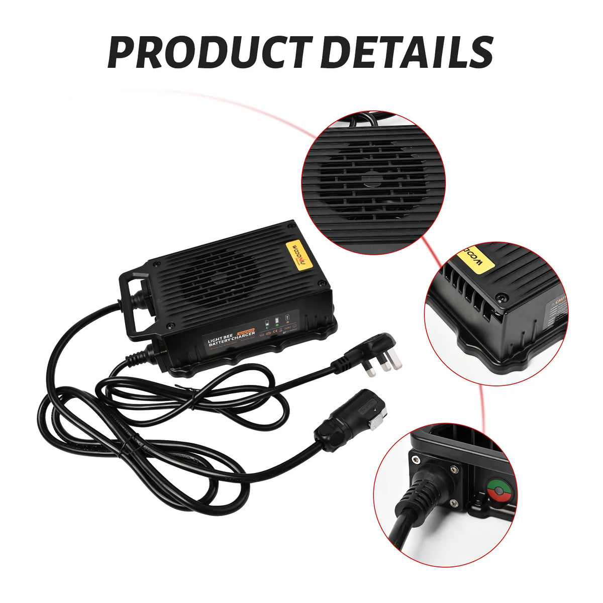 Black battery charger power supply with attached power cord, shown on a white background with the text 'PRODUCT DETAILS' and three circular detail callouts highlighting the vent, side corner, and plug connection.